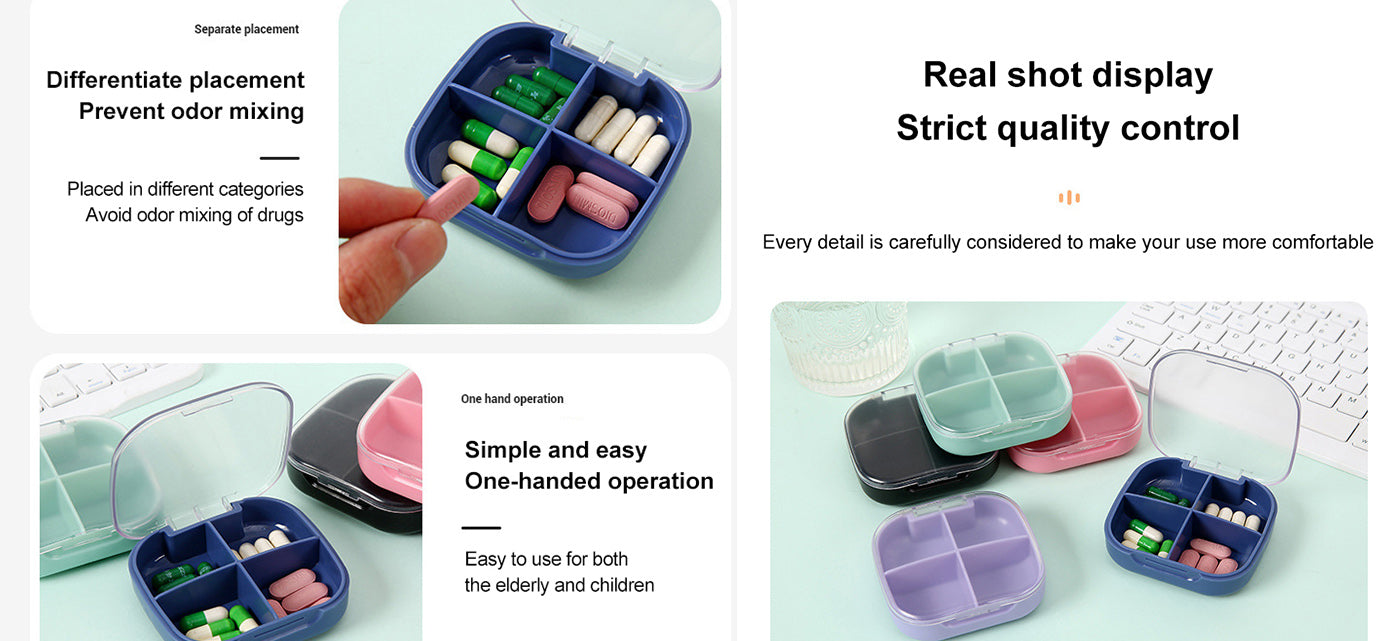 Compact Travel Pill Box – 4-Grid | Portable - Pines