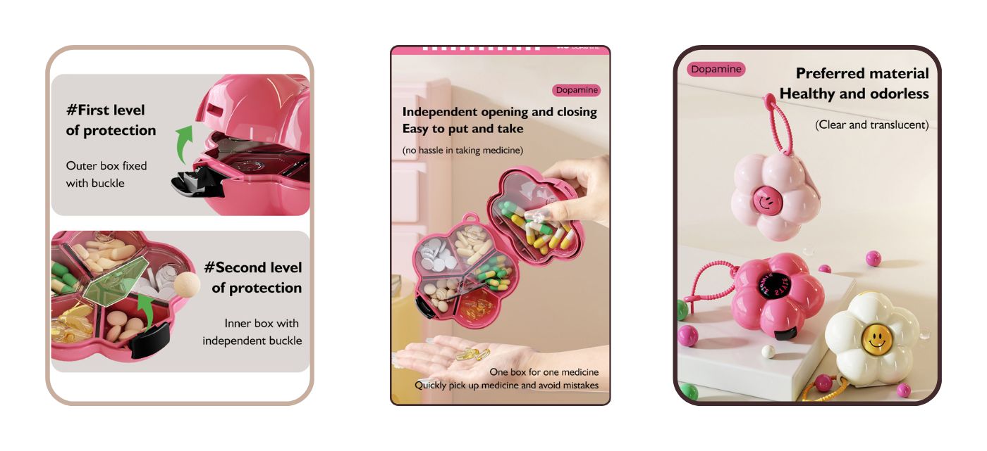 Flower Shaped Pill Organizer Travel Medicine Pill Box with Rotating Lid