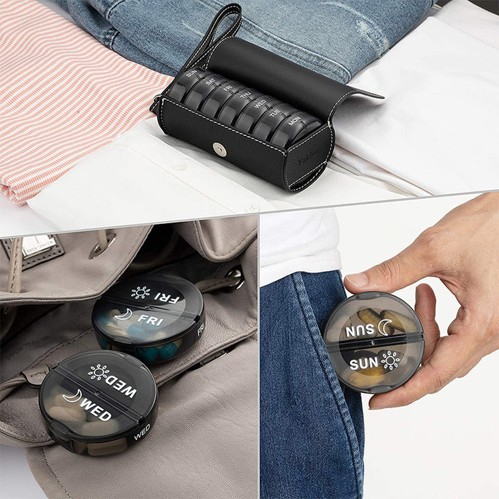 14-Compartment AM PM Pill Organizer with PU Case | PINES