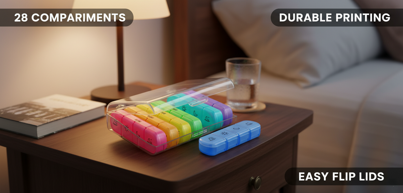 Pill Box Wholesale - 28 Compartments | Durable Printing | Flip Lids - Pines