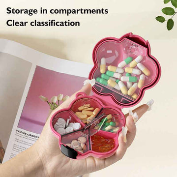 Real photos of a multi-compartment portable pillbox for storing various pills and capsules.